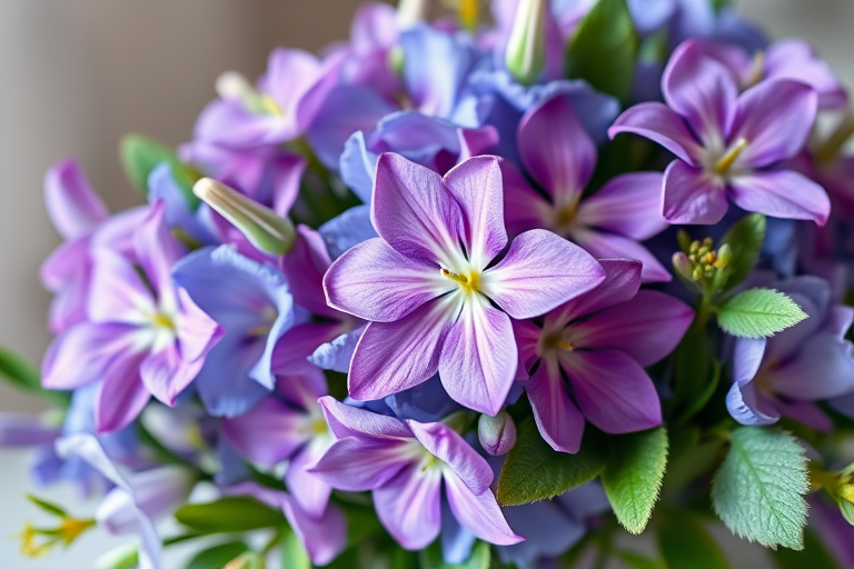 Create a vibrant floral arrangement with shades of purple and blue featuring blossoms and leaves, photographed with a DSLR camera at ISO 100, f/2.8 aperture, 50mm lens, in soft natural light and a shallow depth of field for enhanced detail and clarity.