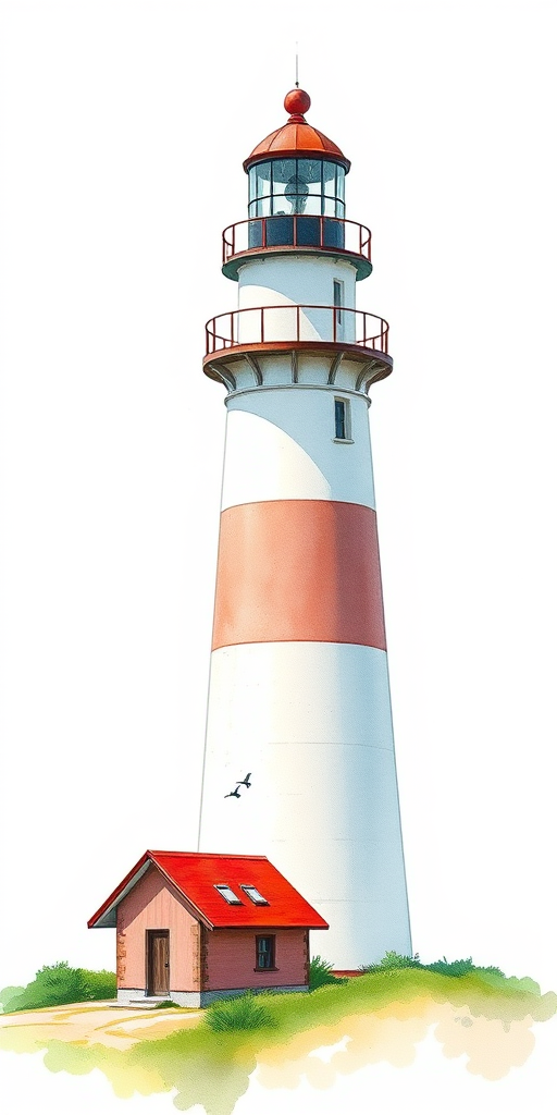 Create a highly detailed watercolor illustration of a coastal lighthouse with a red-roofed house at its base, captured with a Canon EOS R5 at f/8, ISO 100, 24mm focal length, in daylight with a soft focus background for depth.