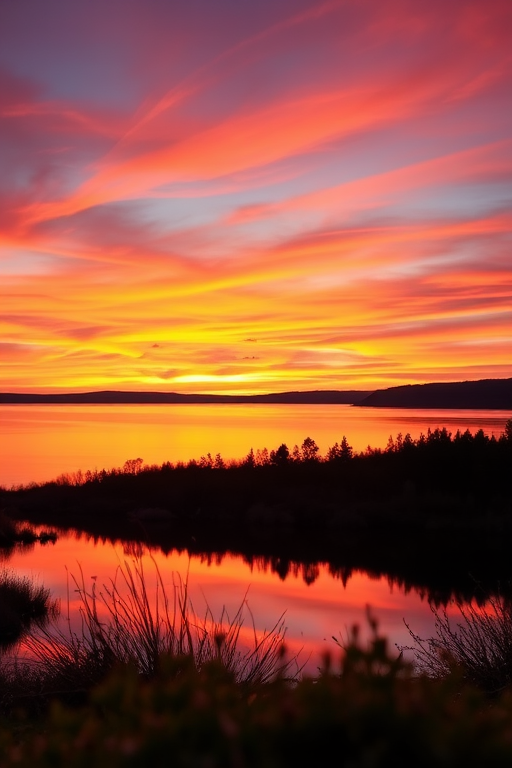Create a serene landscape at sunset with vibrant colors reflecting on a calm lake, using a DSLR camera with an 18mm lens, f/5.6 aperture, ISO 200, and a 1/250 sec shutter speed, shot from a low angle to capture the foreground details and soften the background.