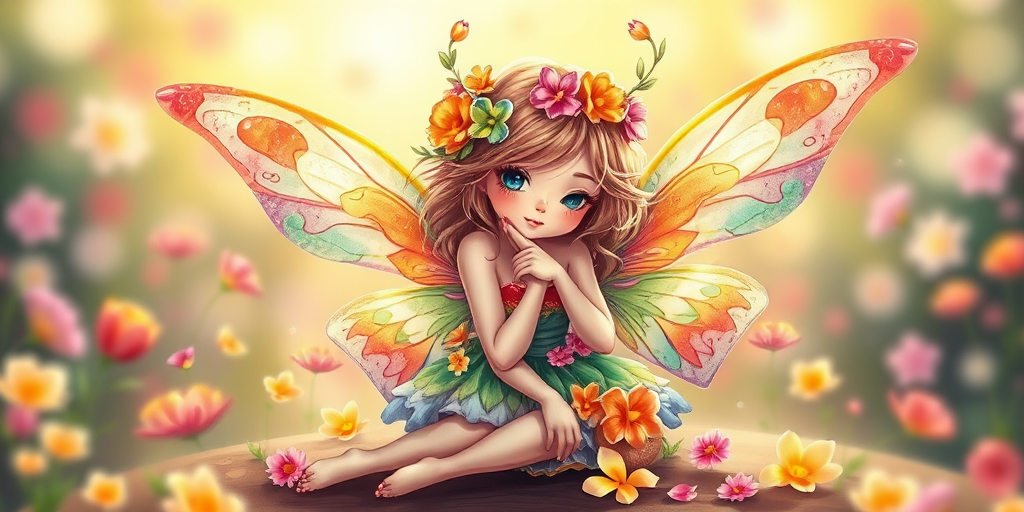 Create a vibrant illustration of a whimsical fairy with colorful wings, adorned with flowers in her hair and around her body, sitting playfully, with a soft-focus effect, warm lighting, 50mm lens, f/2.8 aperture, portrait mode, high-definition digital art style.