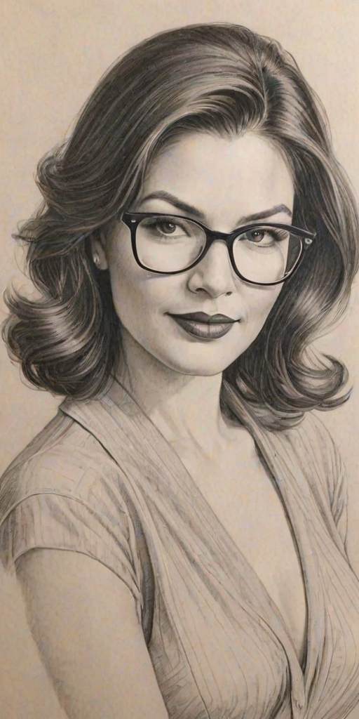 Gorgeous Laura Harring, pencil sketch, portrait of Ravishing woman 1935s in glasses, hair style beatnik, outline, clear lines, fine lines, 8k