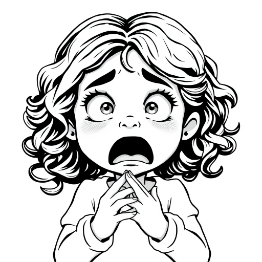 The image is a black and white illustration of a young girl with curly hair. She has a surprised expression on her face with her mouth open and her hands clasped together in front of her chest. Her eyes are wide and her eyebrows are furrowed. Her hair is styled in loose curls that are cascading down her back. The overall mood of the image is one of shock or surprise.