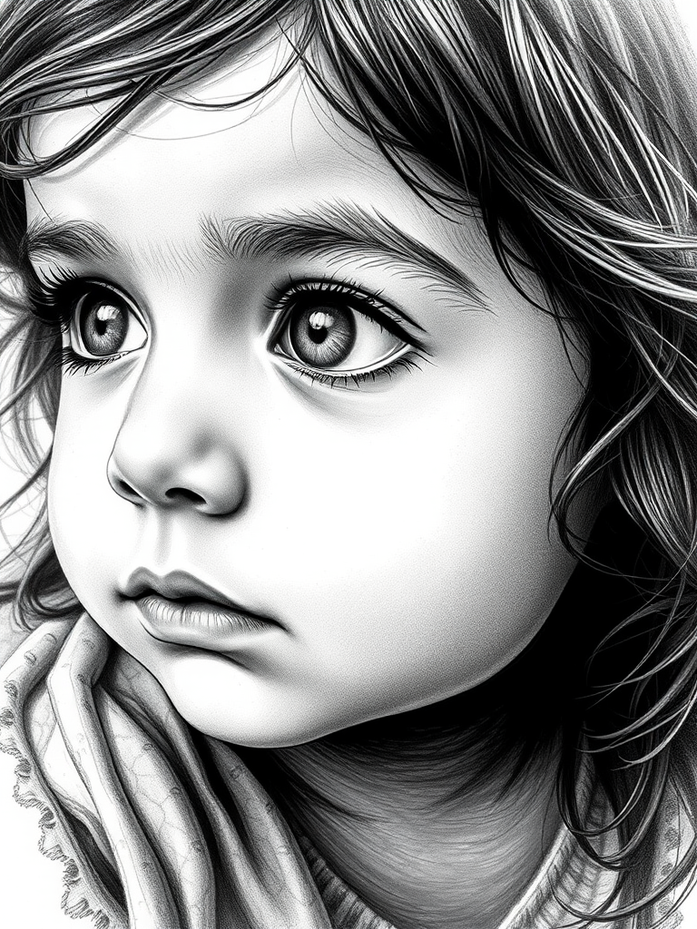 A hyperdetailed photorealistic black and white sketch of a beautiful toddler with deep white eyes, with a macro focus