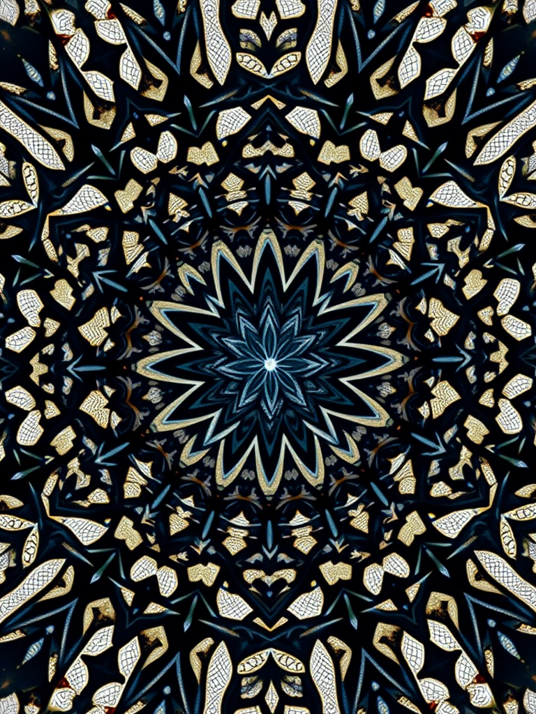 Create a high-resolution image of an intricate black mandala design with symmetrical patterns centered on a star, shot with a Canon EOS R5 at f/8, ISO 100, 50mm lens, in natural light from an overhead angle for enhanced detail and sharpness.