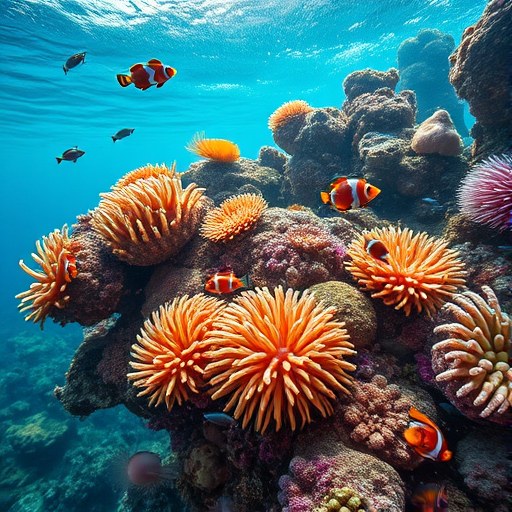 Underwater scene featuring vibrant coral reefs and diverse marine life, incorporating tropical fish like clownfish and butterflyfish, close-up shots of anemones and sea creatures, with a Canon EOS R5 camera, 24mm lens, f/8 aperture, ISO 200, and a wide-angle view to capture the richness of underwater ecosystems.