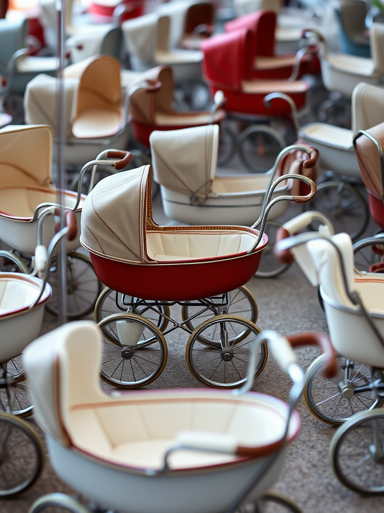 High-resolution image of vintage baby prams arranged in various angles, captured with a DSLR camera, 50mm lens at f/2.8, ISO 100, natural lighting, shallow depth of field for a soft background.