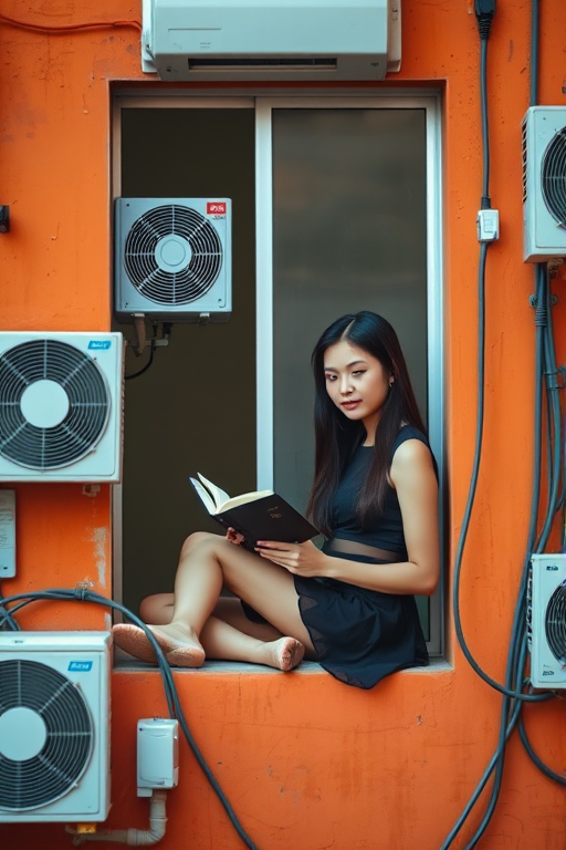 Create an image of a young woman sitting in a window reading a book, surrounded by air conditioning units and wires on an orange wall, soft natural lighting, Canon EOS 5D Mark IV, f/2.8, 50mm lens, portrait view, vibrant color grading, high resolution.