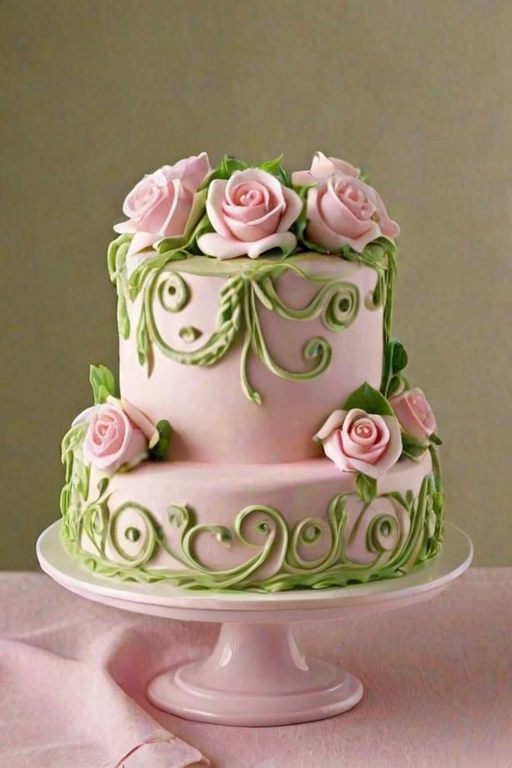 Create a beautifully decorated cake with soft pink and white frosting. The cake should be topped with intricate rose designs made of buttercream, featuring a mix of pink and white roses along with green leaves. The base of the cake should have a smooth pink finish and additional decorative swirls around the bottom. Make the overall appearance elegant and appealing for a special celebration.