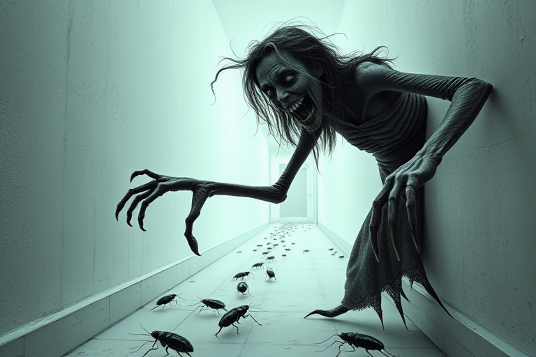 a crooked woman with long arms and a creepy smile is crawling along a long white corridor and you can also see cockroaches in it there is a creepy atmosphere creepy art style