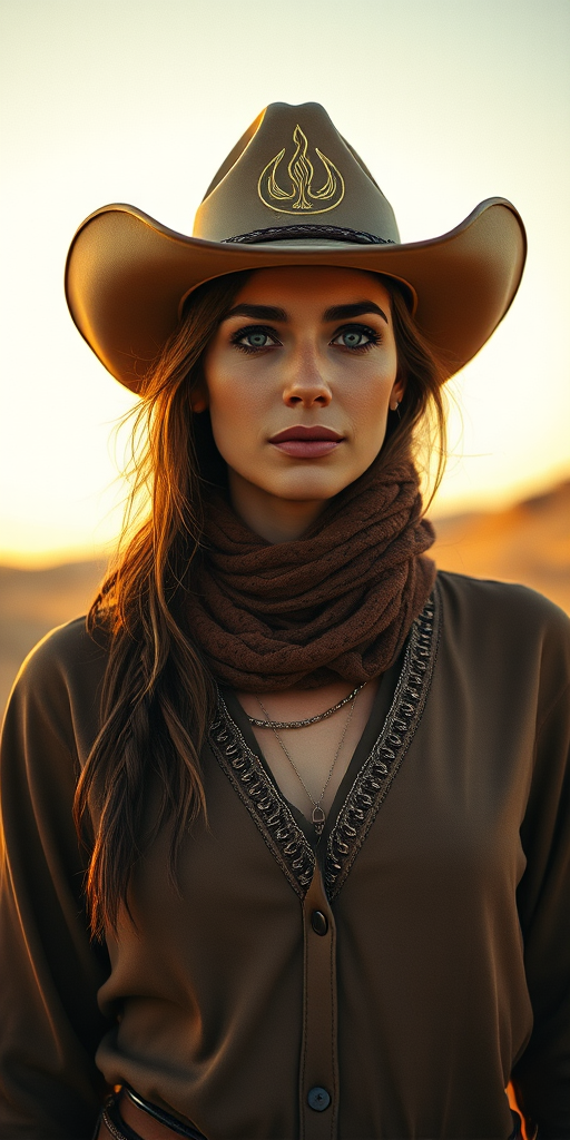 Dramatic photo of a beautiful Druze woman, classic cowboy attire, confident and free spirit expression, half-length portrait, centered, golden hour desert landscape, warm, diffused light, low angle, medium format film camera, in style of Annie Leibovitz.