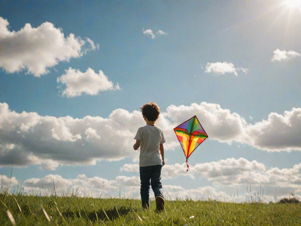 Blurry candid shot of a young boy with a kite in a grassy park, sunlight illuminating the vibrant colors of the kite, with fluffy clouds drifting in the blue sky.
