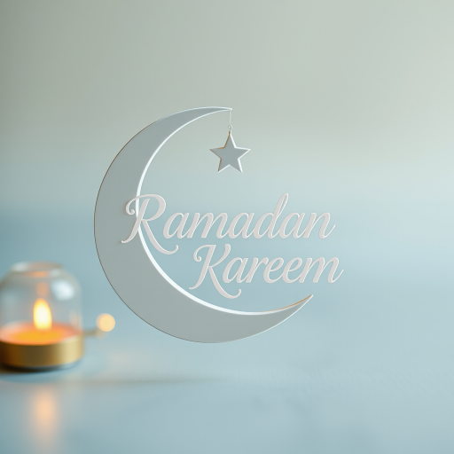 Create an elegant Ramadan greeting card featuring a 3D crescent moon and a star, with the text "Ramadan Kareem" in stylish calligraphy, using a Canon EOS R5 with a 50mm lens at f/1.8, ISO 100, and a shallow depth of field, with soft lighting for a serene atmosphere.