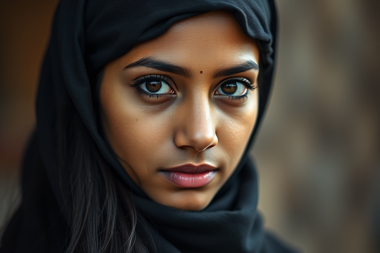 Create a portrait of a young Indian woman with long, dark hair and captivating hazel eyes. She is wearing a black headscarf and a matching scarf draped gracefully around her neck. The background is softly blurred, focusing attention on her serene and natural expression. The overall color palette is muted and warm, enhancing the intimate and authentic feel of the portrait.