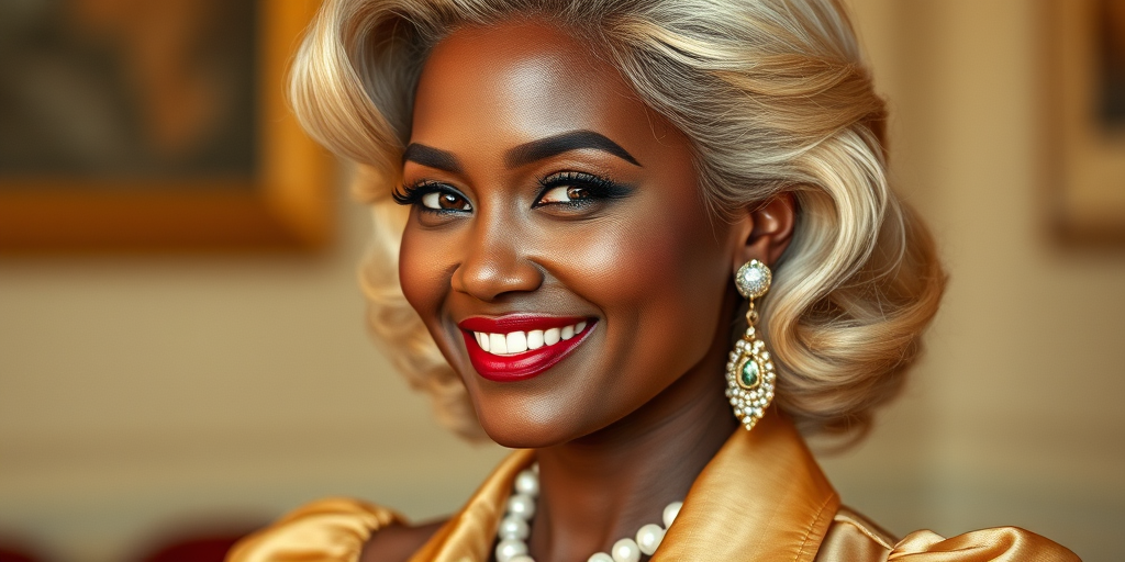 A beautiful Xhosa woman reminiscent of 1950s Hollywood glamour, with perfectly styled blonde hair and a seductive smile, dressed in a satin blouse and adorned with pearls, soft and warm tones, photorealistic, 8K