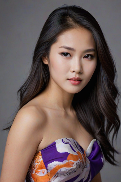 Photographic image of a beautiful young Hmong woman, brown eyes, lips with white lipstick, long hair fluttering in the wind and wearing a silk strapless dress with a soft purple and orange print. monochrome image with only color highlights in the iris of the eyes, lipstick and dress. Gray background.
