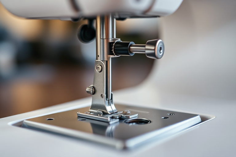 close-up shot of a sewing machine in use, focus on the needle and presser foot, shallow depth of field, natural lighting, ISO 200, f/4.0, 1/125s, macro lens, DSLR camera
