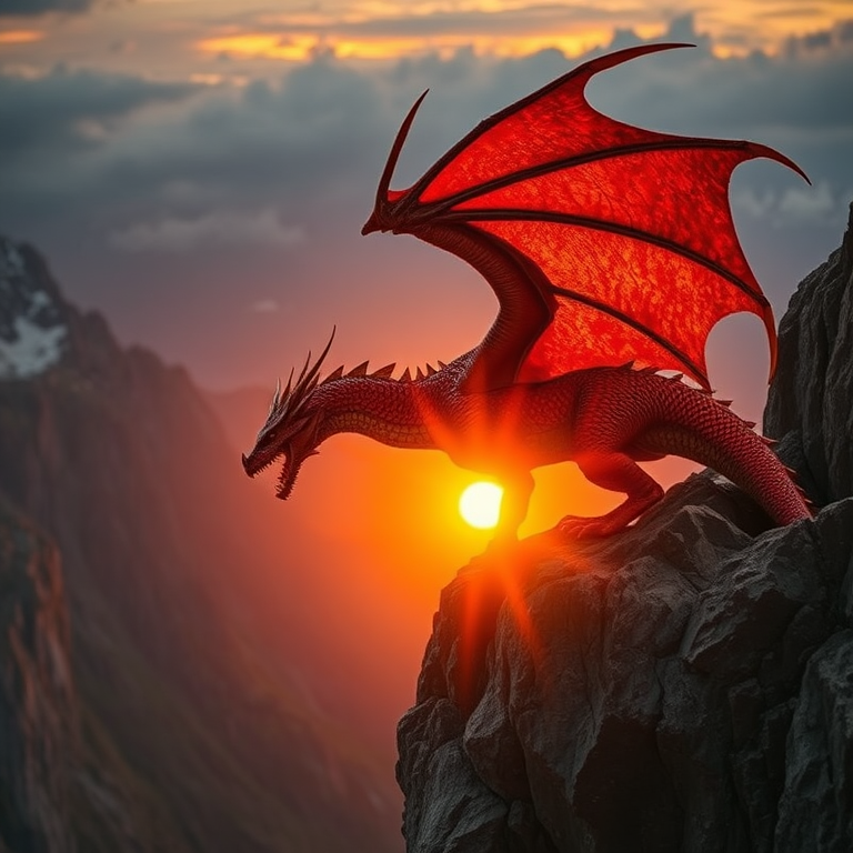 A majestic dragon perched on a rocky cliff during sunset, with vibrant orange and red scales, detailed wing structure, mountainous background, captured with a Canon EOS R5, 24mm lens, f/2.8 aperture, 1/500 sec shutter speed, ISO 100, wide-angle view, high dynamic range, cinematic style.