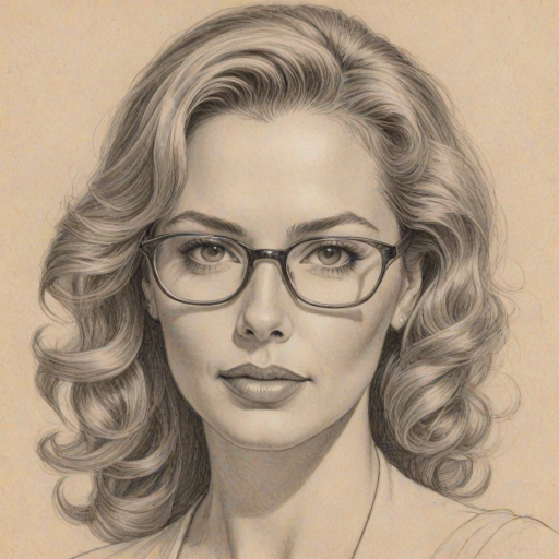 Exquisite Cindy Margolis, pencil sketch, portrait of Resplendent woman 1941s in glasses, hair style beatnik, outline, clear lines, fine lines, 8k