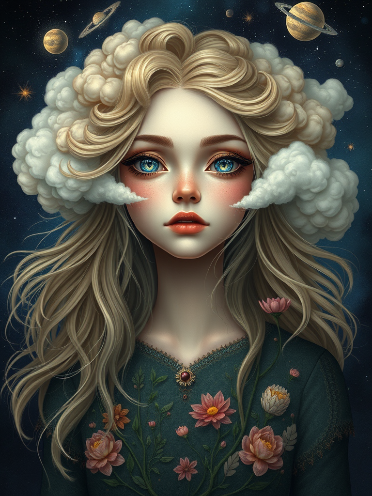 Create a series of imaginative portraits where each subject is infused with elements of fantasy and nature. The hair of the individuals should flow like clouds, varying from soft, fluffy cumulus to wispy cirrus strands, with hints of color reflecting a sunset or a clear blue sky. The eyes should be windows to entire galaxies, with stars, nebulae, and distant planets visible within them. Clothing should be adorned with nature motifs, such as floral patterns that bloom and change, vines that seem to grow and wrap around, or feathers that shimmer with iridescence. Each portrait should capture a unique personality, blending human features with the ethereal beauty of the natural and cosmic world. The backgrounds can vary, from starry night skies to enchanted forests, adding depth and context to the magical realism of the portraits