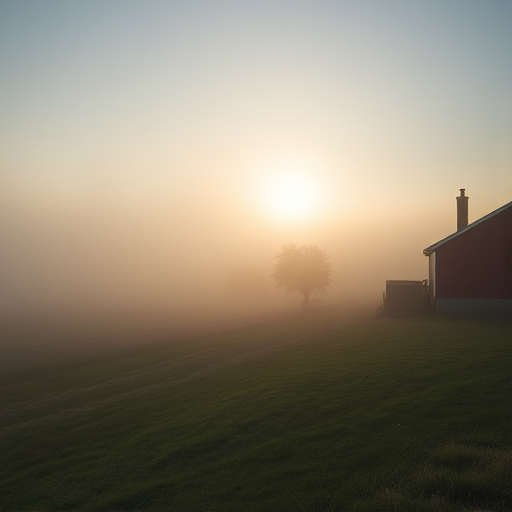regenerate a misty landscape scene with a red house on the right, a faint outline of a field in the background, soft morning light illuminating the fog, use a DSLR camera, aperture f/4, shutter speed 1/60s, ISO 200, focal length 35mm, shot in landscape orientation, with a shallow depth of field for a dreamy effect.