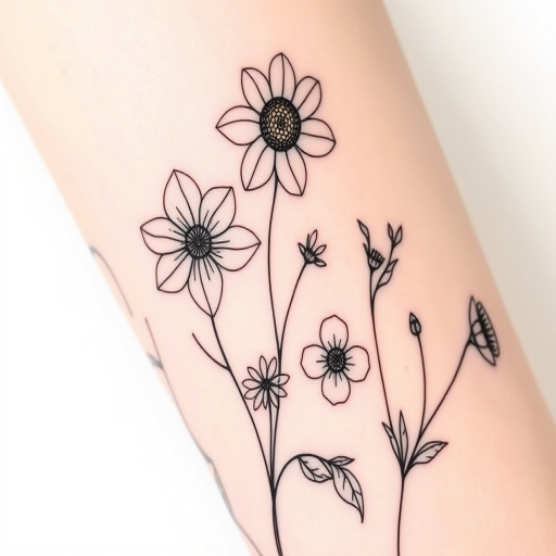 Botanical line art tattoo named "Delicate Flora" showcasing finely detailed flowers leaves and stems rendered in minimalist black lines with occasional pops of color for emphasis creating an elegant and understated design