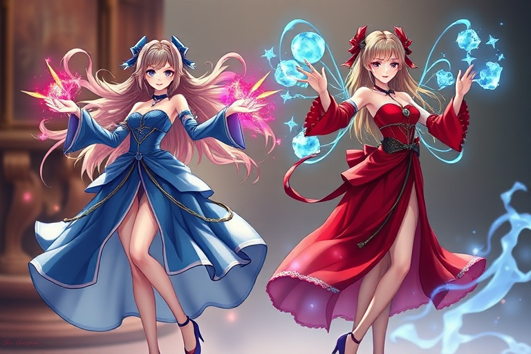 Generate an image of two female characters, one in a flowing blue dress and the other in a striking red dress, each displaying unique magical poses, captured with a DSLR camera at ISO 100, f/2.8 aperture, 50mm lens, with a shallow depth of field and soft focus background.