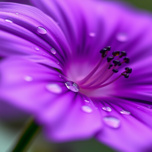 Close-up shot of a purple flower with water droplets on the petals, soft focus background, macro lens, aperture f/2.8, ISO 100, shutter speed 1/200s, taken with a Canon EOS R5.