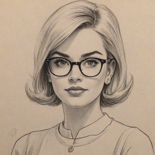 Dazzling Sabrina Spellman, pencil sketch, portrait of Fetching woman 1963s in glasses, hair style beatnik, outline, clear lines, fine lines, 8k