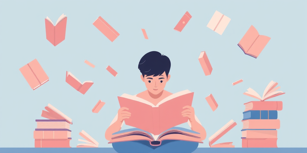 Create a minimalist illustration of a person reading a book, surrounded by floating books, using a soft pastel color palette, with a light blue background, captured with a Canon EOS R5, 50mm lens, f/1.8 aperture, ISO 100, and 1/200s shutter speed for high clarity and a shallow depth of field.