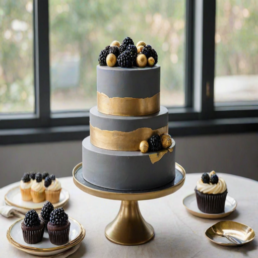 Create an elegant two-tier cake with a smooth gray fondant finish. The cake should have a bold gold stripe around the middle and be adorned with a mix of blackberries and golden decorative balls on top. Surround the cake with matching cupcakes featuring gray frosting and golden accents, all displayed on a simple black cake stand by a window with natural light.