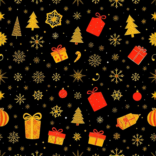 Generate a seamless Christmas-themed pattern featuring gold and red elements such as Christmas trees, snowflakes, and gifts on a black background, using a Canon EOS 5D Mark IV with a 50mm lens, aperture f/8, ISO 100, and a shallow depth of field for enhanced detail and clarity.