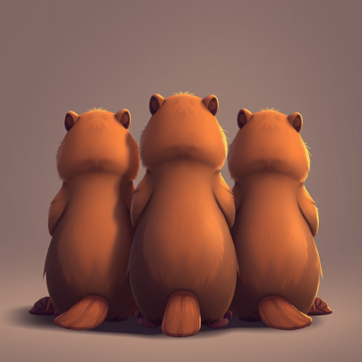 create an illustration of three cartoonish beavers sitting side by side from the back, with detailed tails and soft, warm colors, using a digital art style, sharp focus, high resolution, taken with a Canon EOS R5 at f/8, ISO 100, 50mm lens, with a soft gradient background to enhance the subject.