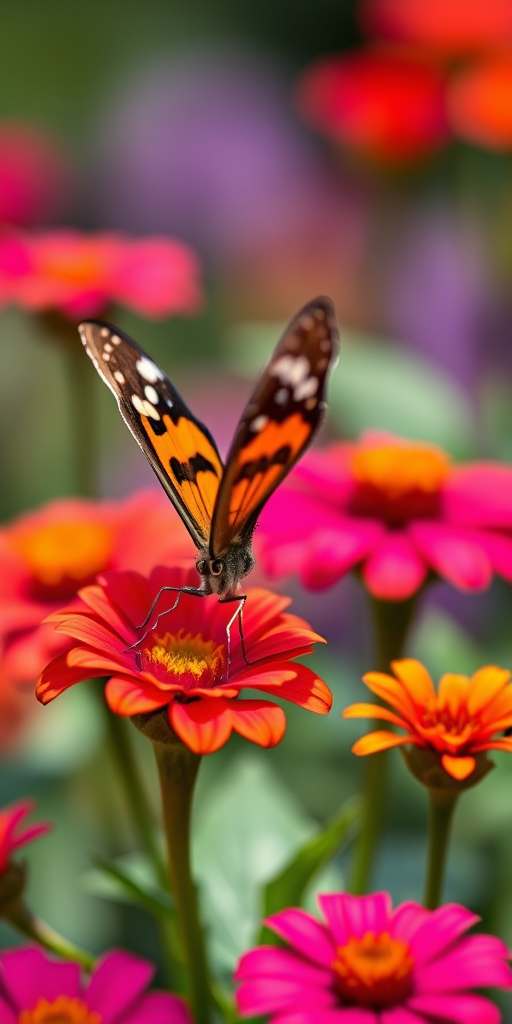 Create a macro photograph of a butterfly perched on brightly colored flowers with a blurred background, using a Canon EOS 5D Mark IV, 100mm f/2.8L Macro IS USM lens, f/5.6 aperture, ISO 200, 1/200 sec shutter speed, natural lighting for enhanced vibrancy and detail.