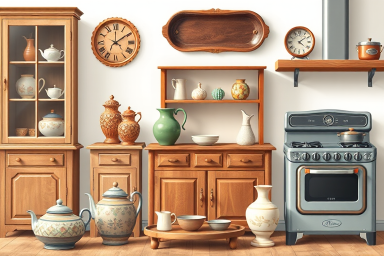 Create a high-resolution vector illustration of vintage kitchenware and furniture featuring a glass-fronted cabinet, a decorative teapot, a ceramic pitcher, a green vase, a round tray with a small cup, a wooden sideboard, a bowl with a lid, and a traditional stove, captured in a flat lay perspective with bright, even lighting, using a DSLR camera at f/8 aperture and a 50mm lens for clarity.