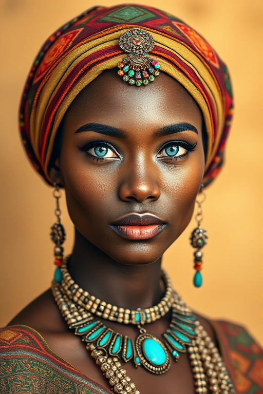 Create a portrait of a beautiful Zulu woman with striking cyan eyes and a gentle expression. She is adorned in traditional attire with intricate patterns, including a richly embroidered headscarf and matching garments. Her jewelry includes a delicate headpiece, dangling earrings, and ornate bracelets, all featuring vibrant gemstones and detailed metalwork. The background is soft and warm, enhancing the rich colors of her outfit and jewelry.