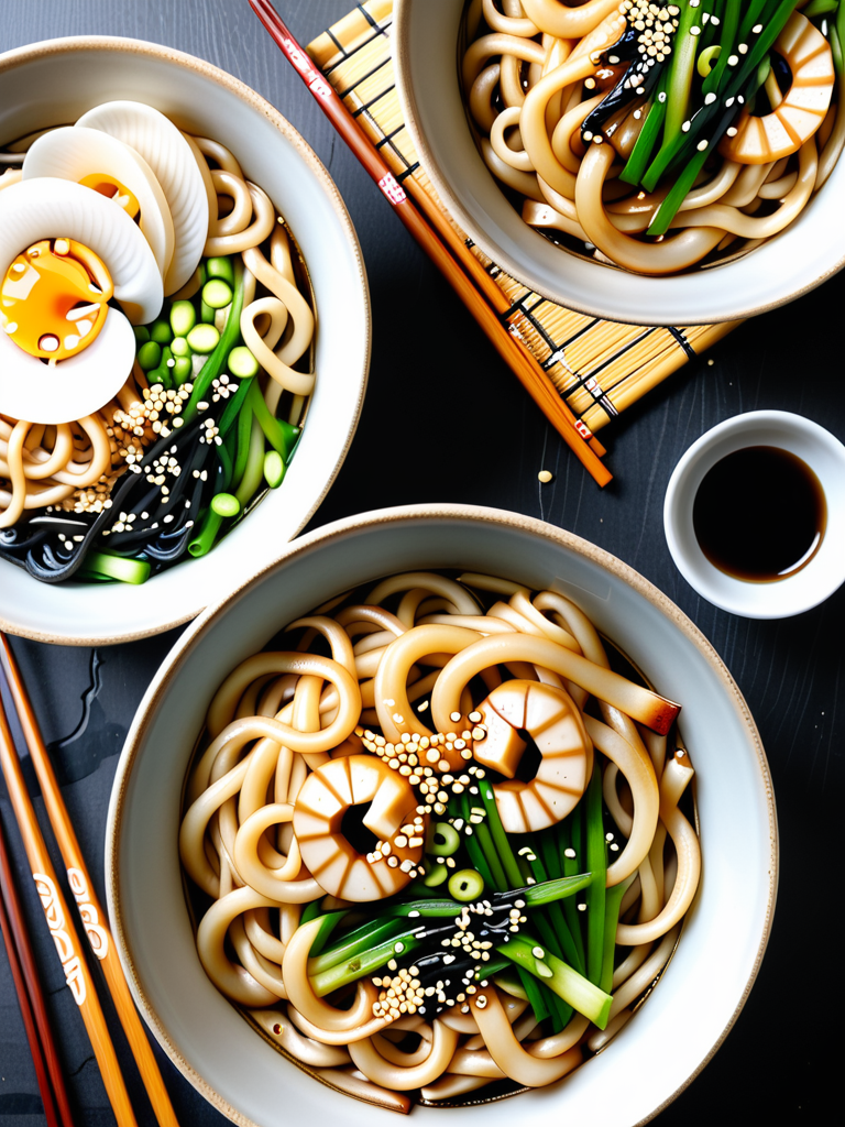 Delicious Bowls of Udon Noodles with Fresh Ingredients and Tasty Toppings.