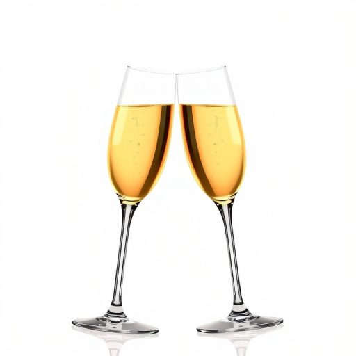Create a minimalist vector illustration of two champagne flutes clinking together against a transparent background, using a high-resolution digital art style, 300 DPI, shot with a Canon EOS 5D Mark IV, 50mm lens, f/4 aperture, shot from a slightly elevated angle to emphasize the glasses and the interaction.