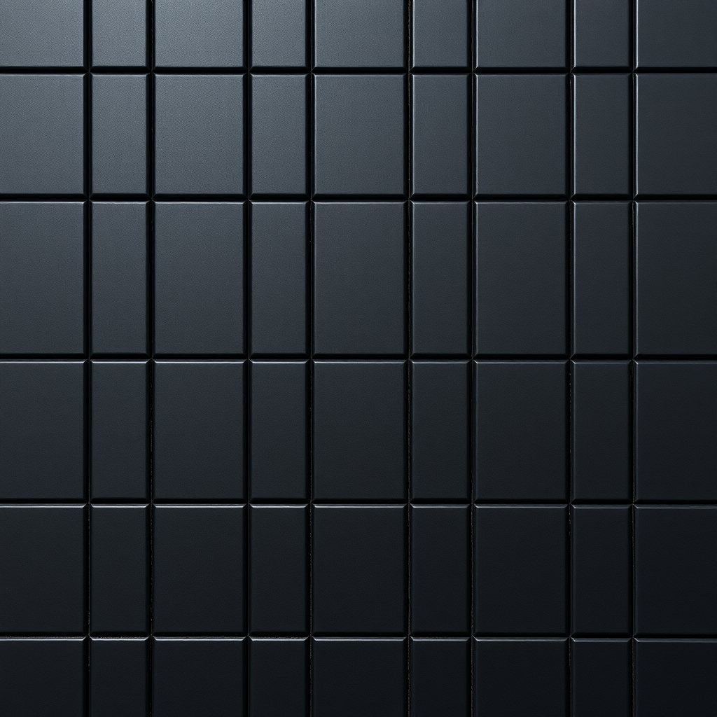 Create a high-resolution image of a matte black tiled pattern with 12 rows and 10 columns, shot with a DSLR camera at f/8 aperture, ISO 100, 50mm focal length, and natural lighting, top-down view, enhancing texture and shadow details.