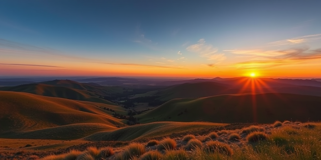 Generate an image of a scenic landscape featuring rolling hills and a sunset, captured with a DSLR camera at f/8 aperture, ISO 100, lens focal length 24mm, in a wide-angle view, with a vibrant color palette and high dynamic range.
