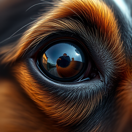 Close-up shot of a dog's eye, capturing fine details of fur and reflection, natural lighting, aperture f/2.8, shutter speed 1/250s, ISO 100, macro lens, DSLR camera, shallow depth of field to emphasize the eye and texture of fur.