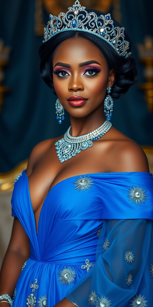 A gorgeous Yoruba woman in a luxurious blue gown, accessorized with a dazzling tiara and statement earrings, her deep blue eyes highlighted by impeccable makeup, poised in a royal setting, photorealistic, 8K quality