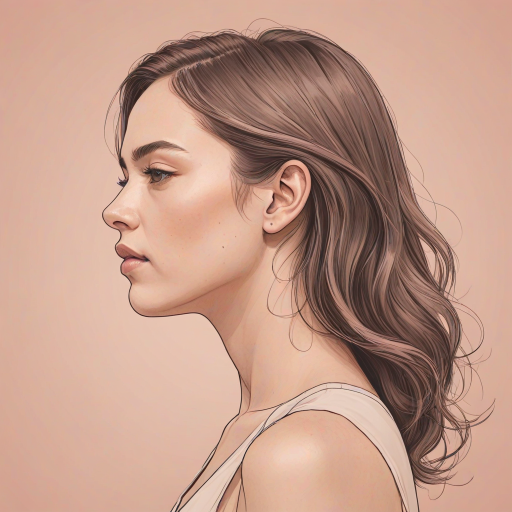 Create a minimalist line art illustration of a woman in profile against a solid pastel background, using a Canon EOS R5 with a 50mm f/1.2 lens, aperture set to f/2.8, ISO 100, and a soft focus effect for smooth skin tones and gentle color gradients.