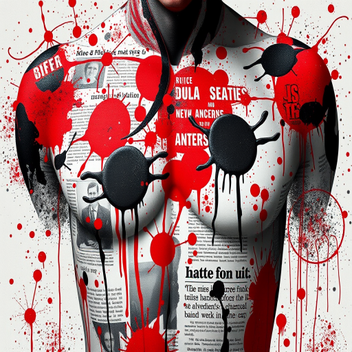 Striking trash polka style chest piece combining bold red splatters with photorealistic black and gray elements, featuring torn newspaper clippings and abstract shapes