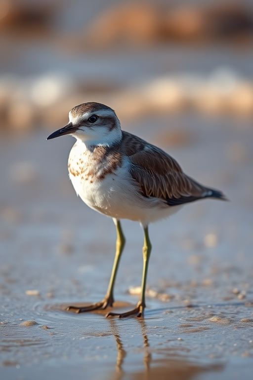 A close-up shot of a shorebird standing on wet sand at the water's edge, captured with a DSLR camera, 200mm lens, f/4 aperture, ISO 200, 1/1000 sec shutter speed, shallow depth of field, natural lighting, soft bokeh background.