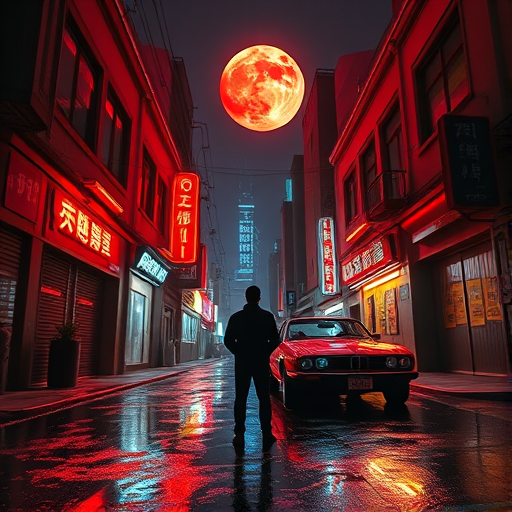 a futuristic urban alley at night with a large red moon in the sky, a silhouette of a person in a jacket standing near a retro car, neon lights casting reflections on wet pavement, high dynamic range imaging, shutter speed 1/60s, aperture f/2.8, ISO 100, wide-angle lens, digital camera