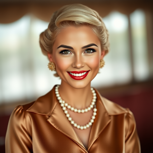 A beautiful Maori woman reminiscent of 1950s Hollywood glamour, with perfectly styled blonde hair and a seductive smile, dressed in a satin blouse and adorned with pearls, soft and warm tones, photorealistic, 8K