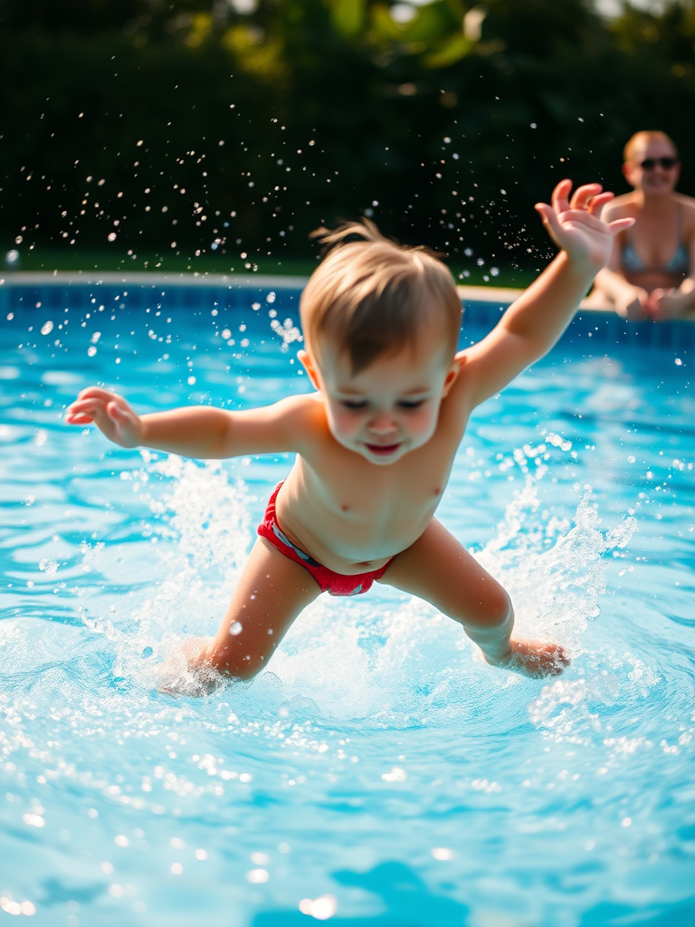 Blurry candid shot of a child jumping into a pool on a summer day, water splashing in all directions, with soft sunlight reflecting off the water and distant laughter in the background.