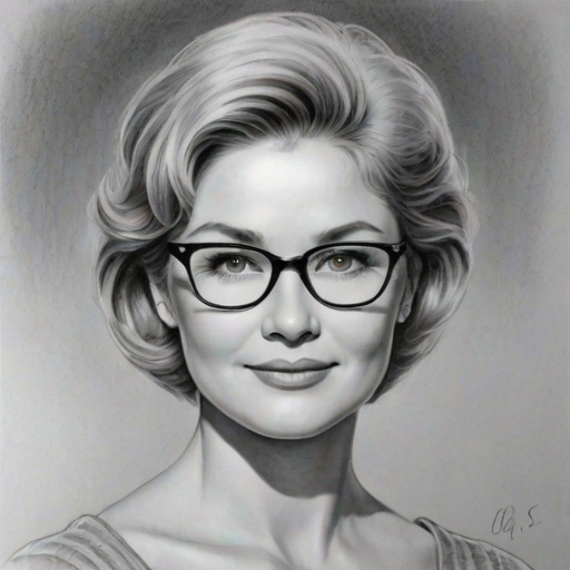 Enchanting Dee Wallace, pencil sketch, portrait of Charming woman 1955s in glasses, hair style beatnik, outline, clear lines, fine lines, 8k