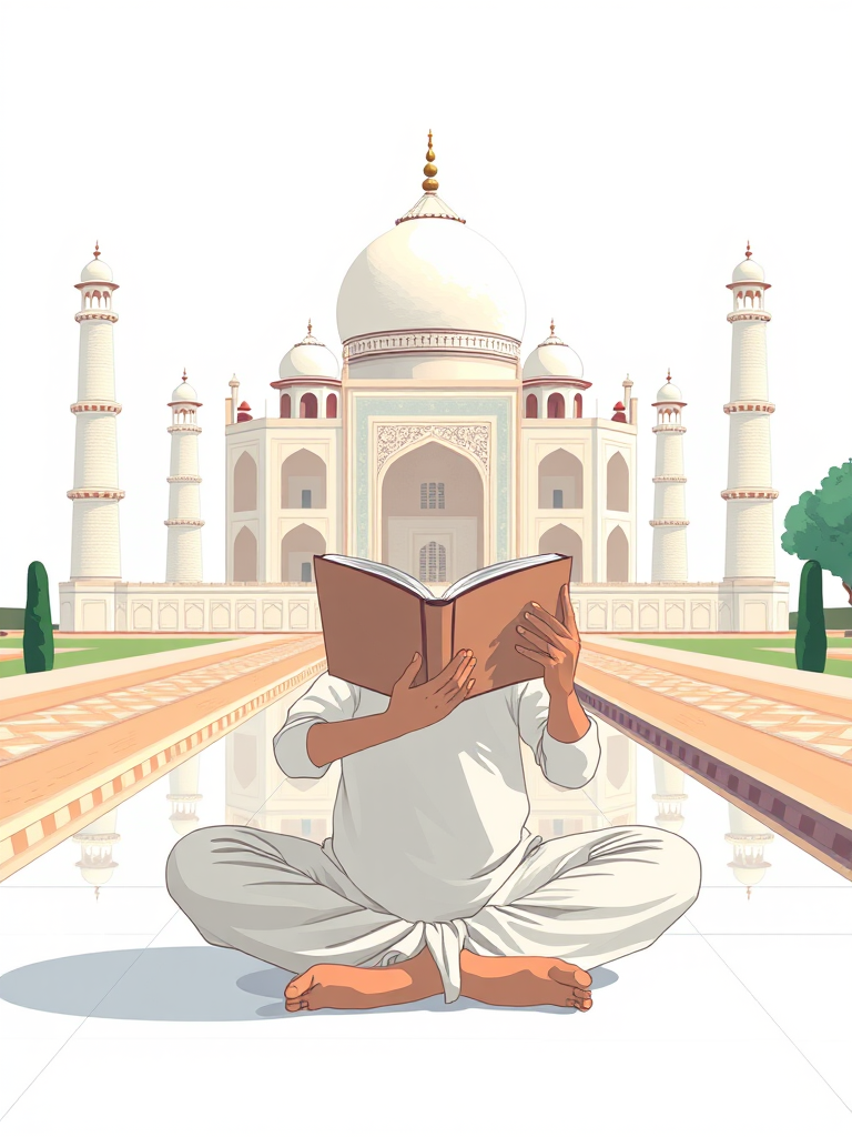 Create a high-resolution illustration of a serene figure reading a book, seated cross-legged in a minimalist style, with the Taj Mahal in the background, using a Canon EOS 5D Mark IV, lens aperture f/2.8, ISO 100, 50mm lens, natural light to enhance colors and details.