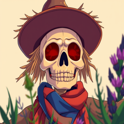 Create an illustration of a scarecrow with a skull head wearing a wide-brimmed hat and a scarf, in a colorful cartoon style, vibrant colors with a creamy background, featuring plants in the foreground, camera type: digital SLR, camera view: close-up, camera style: high dynamic range, aperture: f/2.8, shutter speed: 1/100s, ISO: 200.